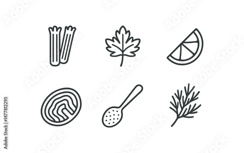 Simple line art of celery, maple leaf, citrus slice, bacon, spoon, dill vector icon illustration