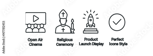 Icons of open air cinema, religious ceremony, product launch, and perfect checkmark vector icon illustration