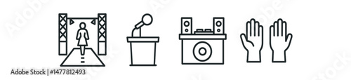 Outline icons of fashion show, podium speech, music system, raised hands vector icon illustration