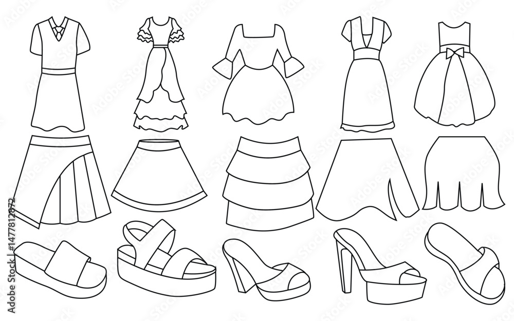 Obraz premium Women’s Clothing and Fashion Elements: Shorts, Pants, Dresses, and More – Vector Illustrations