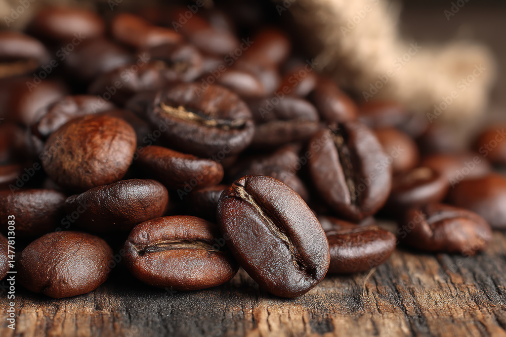 Fototapeta premium Roasted coffee beans on a table in Barcelona, Spain, highlighting the deep, glossy texture and premium quality of coffee from this famous coffee city