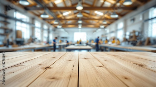 Wallpaper Mural A close up perspective of a wooden table with a blurred workshop interior in the background showing craftsmanship Torontodigital.ca