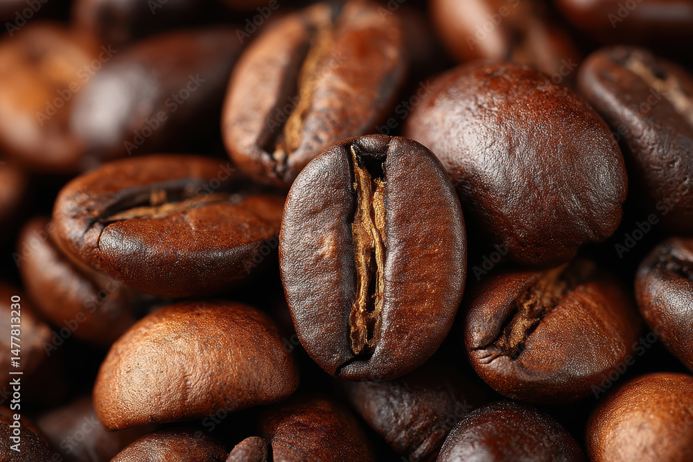 Fototapeta premium Detailed close-up of roasted coffee beans on a surface in Barcelona, Spain, focusing on the smooth texture and rich color of high-quality coffee