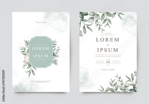 Beautiful wedding invitation card template set with white roses flowers green leaves