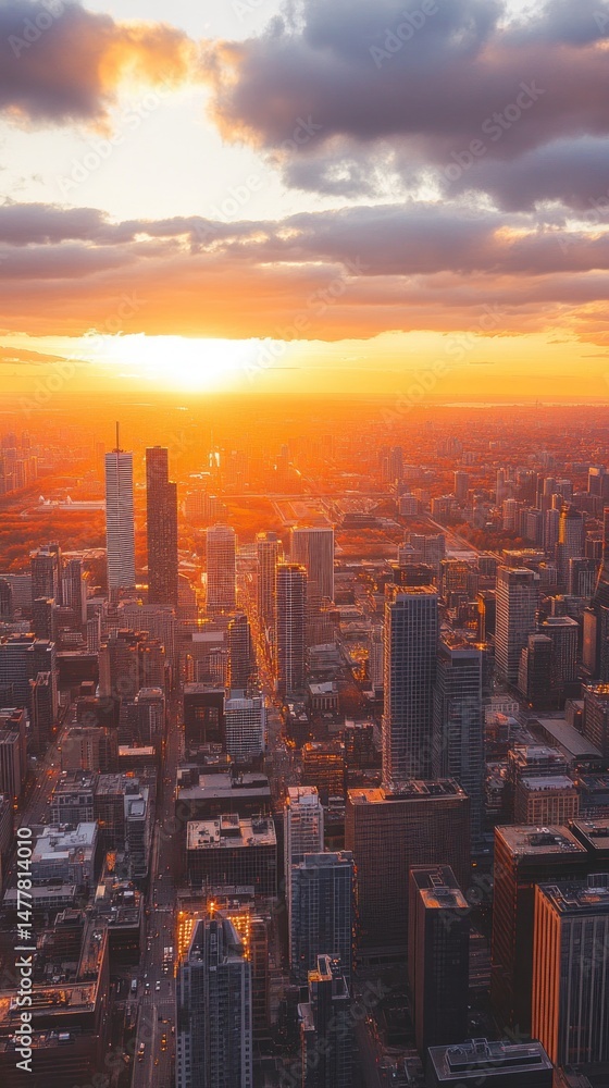 Fototapeta premium Golden cityscape view at sunset with towering buildings and soft cloudscape