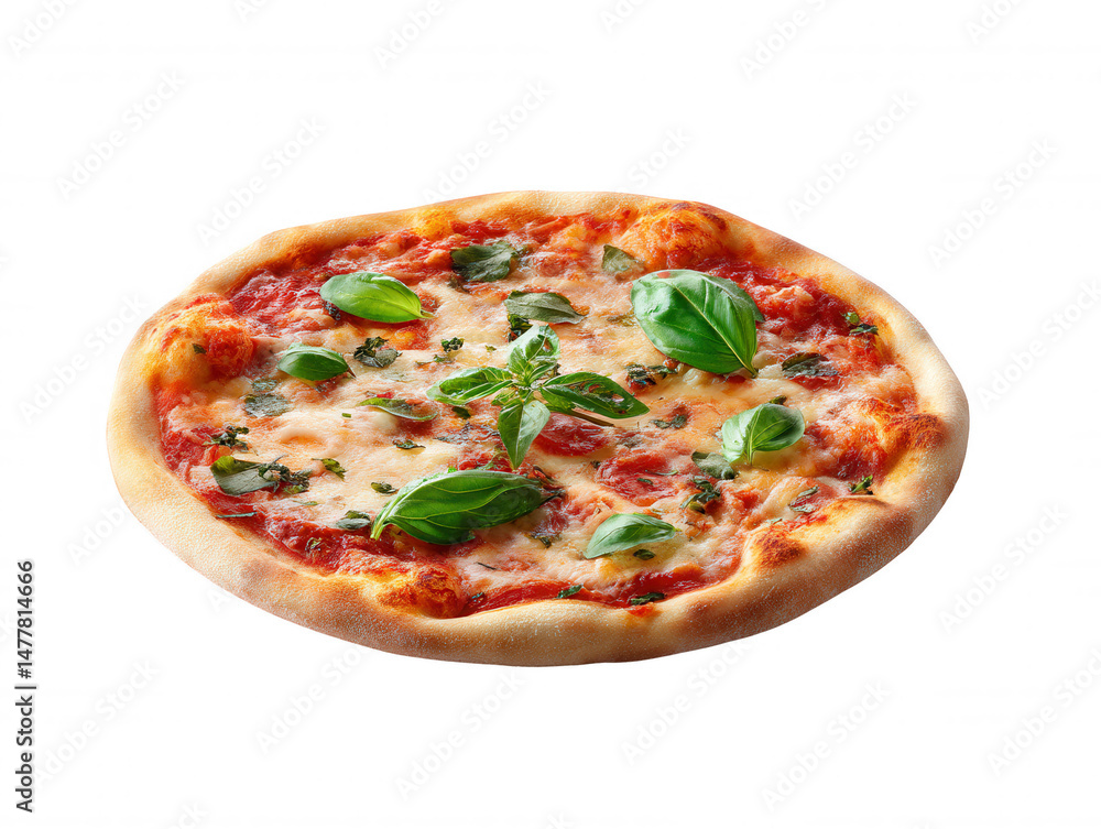 Delicious Italian Pizza with Fresh Basil on a White Background, Perfect for Food and Culinary Concepts Delicious Italian Pizza with Fresh Basil on a White Background, Perfect for Food and Culinary Concepts