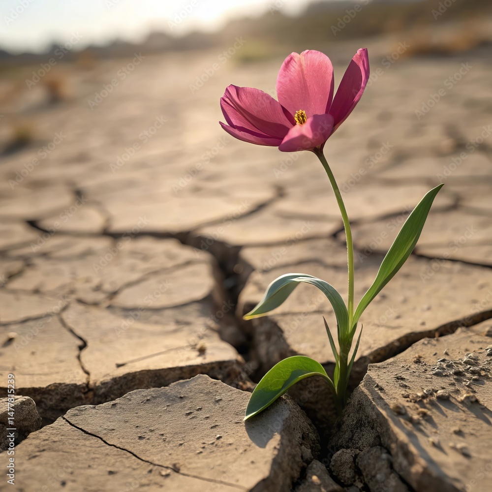 Obraz premium Macro shot of a vivid flower rising from arid, textured soil – ideal for nature lovers and inspirational design projects 