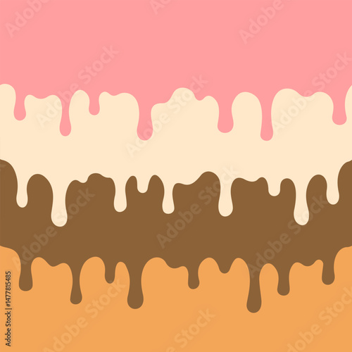 Square background with hand drawn layers of drops of ice cream, chocolate, glaze, topping, vanilla, strawberry, creme brulee, caramel flavor. Long drop, dripping drip from cake, dessert, gelato. EPS10