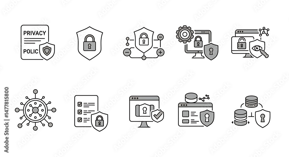 Lock icons representing digital security measures, including web protection, mobile device safeguards, and biometric fingerprint recognition. Lock icons representing digital security measures, including web protection, mobile device safeguards, and biometric fingerprint recognition.