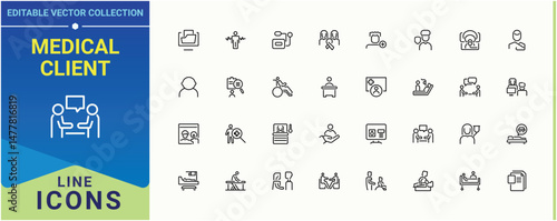 Medical Client related icon set. Contain linear sign health, treatment, hospital, sick, care and more. Patient icon set. Outline symbol collection. Vector illustration.
