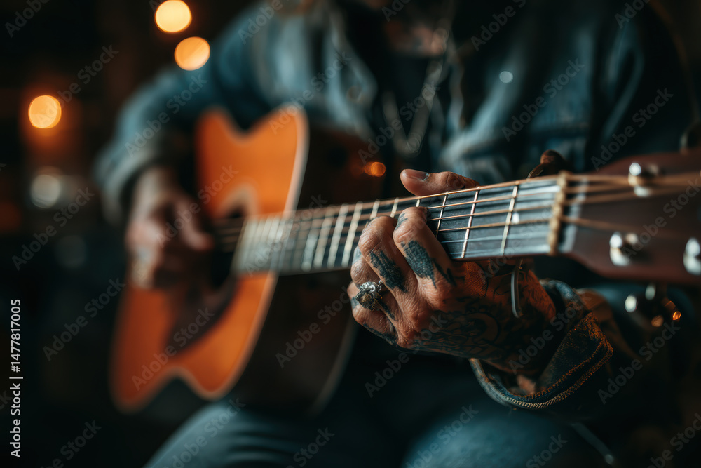 Obraz premium Unrecognizable Caucasian man indoors tuning an acoustic guitar, front view, with focus on the musician is hands and guitar, capturing the artistry of music