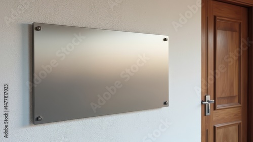Wallpaper Mural Blank metallic signage mockup on textured wall near wooden door for branding and business identity design presentations in realistic environment. Torontodigital.ca