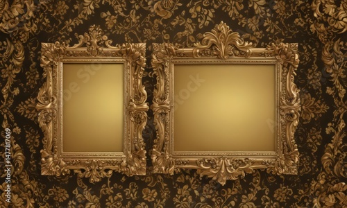 Ornate gold frames adorn rich damask floral fabric ,  blossom,  vintage,  antique
