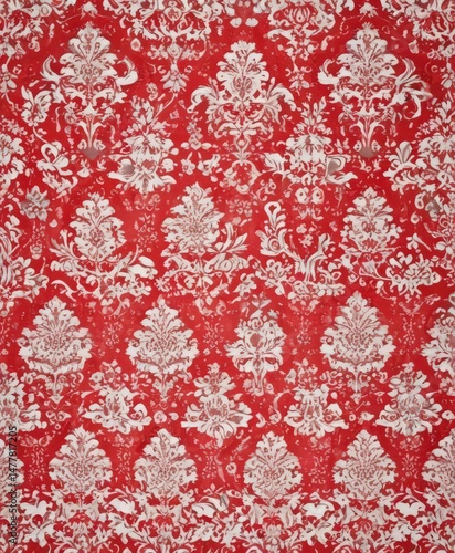 Vintage red flock wallpaper, damask pattern on white background, wallcovering, elegant
