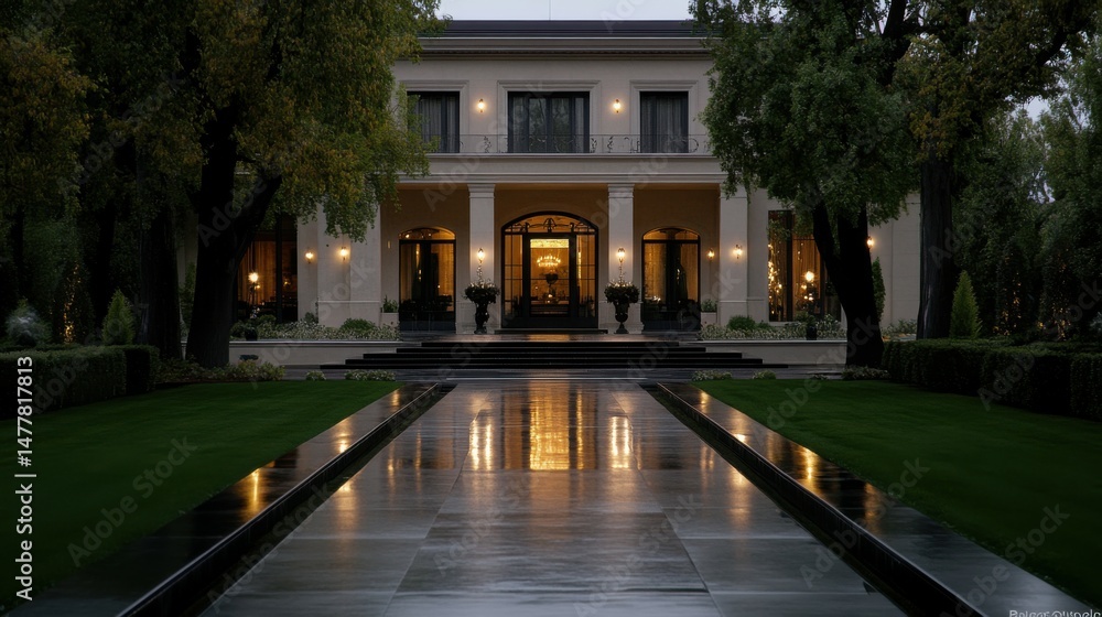 Obraz premium A luxurious mansion surrounded by sculpted gardens