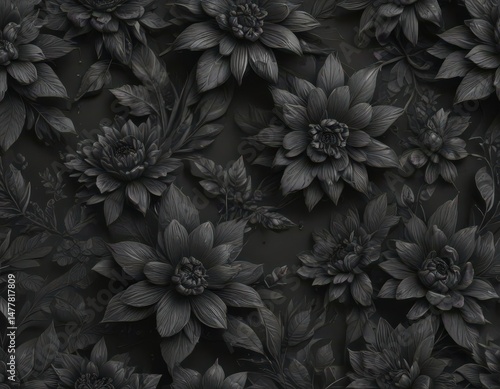 Intricate charcoal floral pattern, abstract botanicals  , design, floral