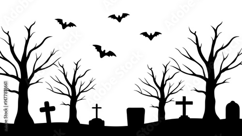 Vector black silhouette of a scary cemetery landscape with graves