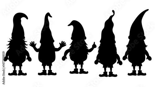 set of gnomes different poses silhouette vector on tranparent background