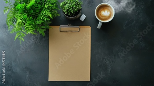 A top view of an organized office desk, featuring a blank clipboard, essential supplies neatly arranged, a steaming coffee cup, and green plants adding a touch of freshness