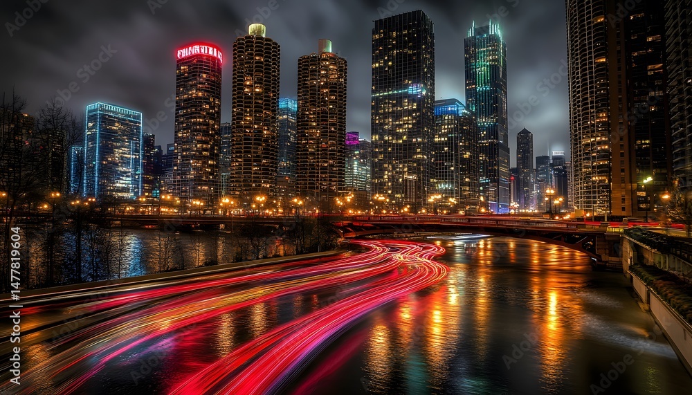 Fototapeta premium Cityscape at night with illuminated buildings and light trails.