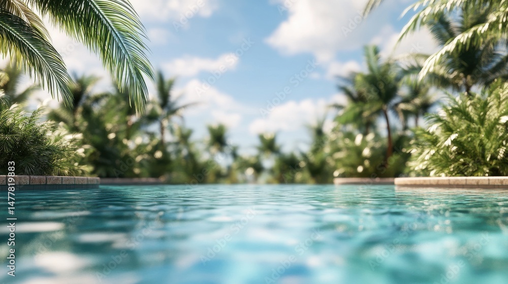 Obraz premium Set the scene for a relaxing poolside party at a resort hotel with a beautifully blurred summer backdrop featuring a clear blue sky and lush tropical palm trees