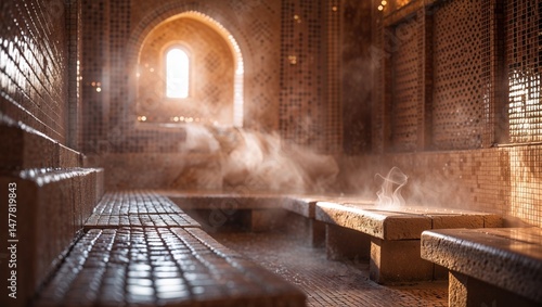 Empty turkish bath interior with steam. Middle east traditional hammam with stone benches in the sunlight. Concept of hygiene or relaxation.