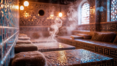 Interior of turkish bath with steam. Traditional hamam with hot water. Relaxation and wellness concept