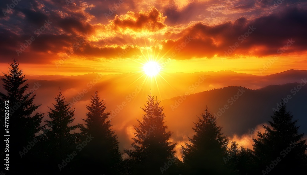 Fototapeta premium Vibrant sunset over mountainous terrain.