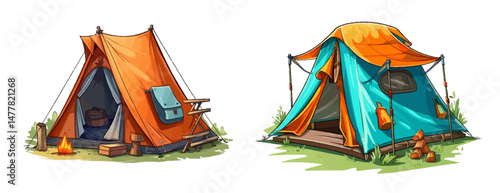 Colorful vector set of two camping tents with backpacks, logs, and campfire on grass. Perfect for outdoor adventure and camping designs. vector set