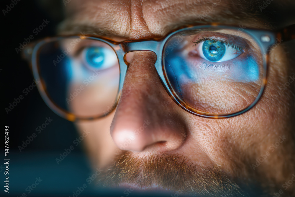 Close-up of male eyes with glasses, focused on laptop display in dark environment, showing strain and discomfort from prolonged screen exposure, blue light reflection on lenses Close-up of male eyes with glasses, focused on laptop display in dark environment, showing strain and discomfort from prolonged screen exposure, blue light reflection on lenses