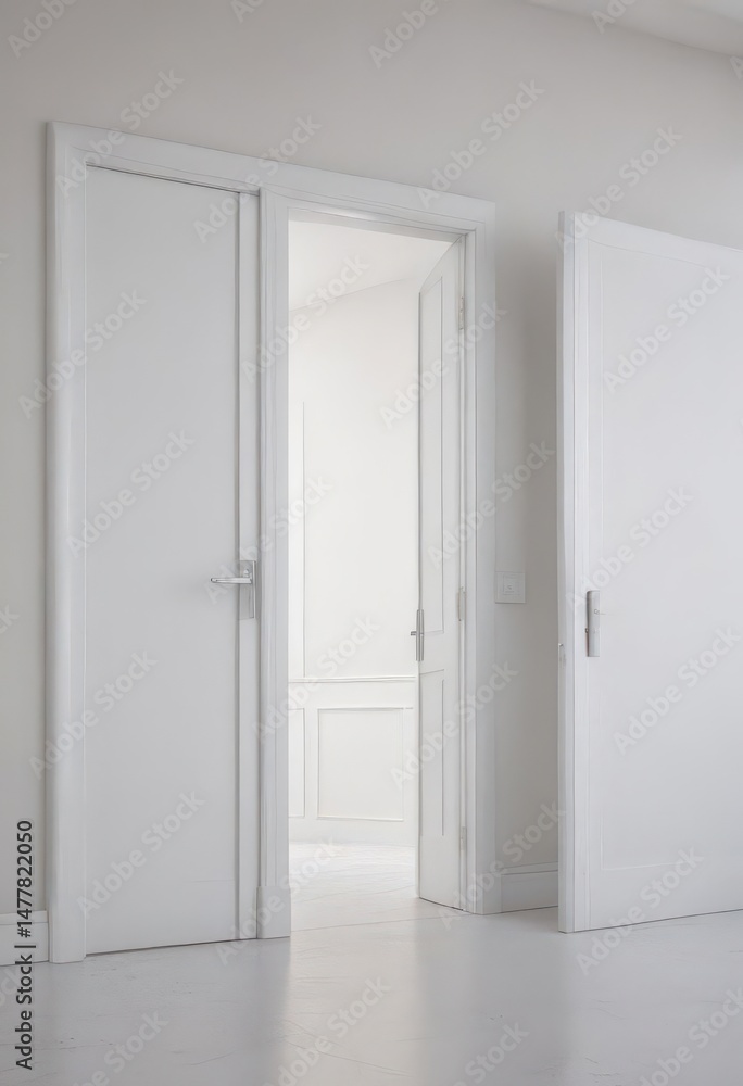 Clean white doors, open & closed, minimalist setting, texture, shape Clean white doors, open & closed, minimalist setting, texture, shape