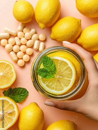 Refreshing concept of natural health, showcasing lemons, mint, and supplements, symbolizing wellness and vitality