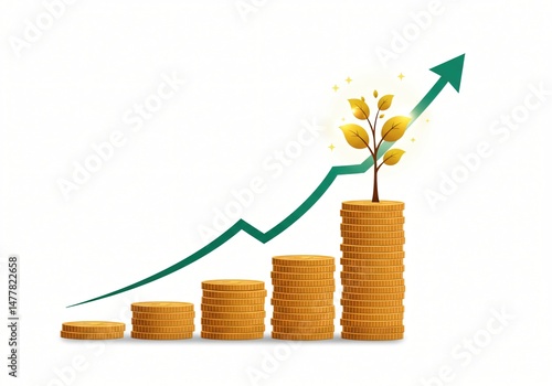 A stylized 2D illustration of coin stacks forming a staircase on white.