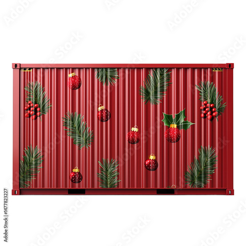 Festive red cargo container adorned with Christmas elements, symbolizing holiday transport and global commerce.