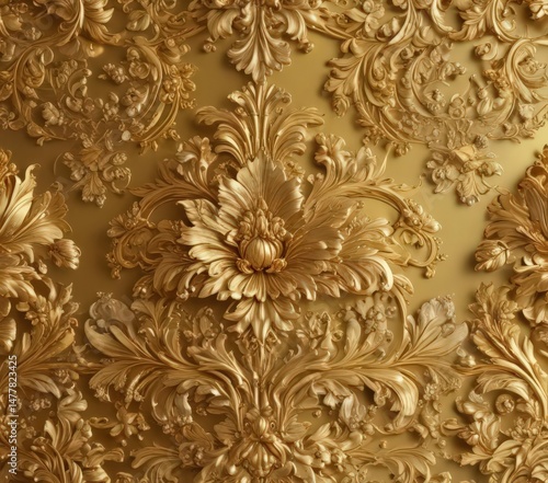 Luxurious golden damask  Delicate floral and leaf details , baroque, ornate, wallpaper