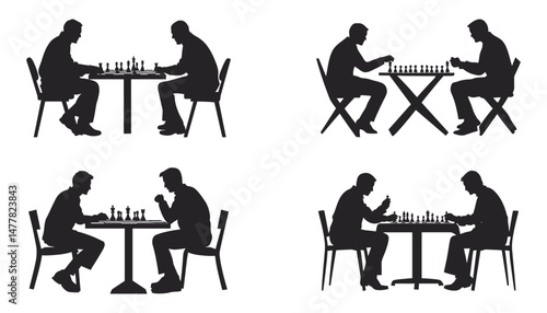 Four Silhouettes of Chess Players Engaged in Intense Games