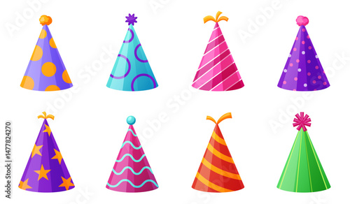 Set of colorful party hats in cartoon style. Bright festive cone caps for birthday, holiday, kids celebration, invitation card, decoration or event design. Isolated vector illustration