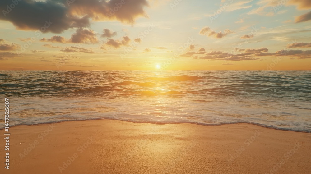Obraz premium A serene beach scene at sunset with golden sand and a vibrant sky, ideal for summer-themed promotions and travel marketing