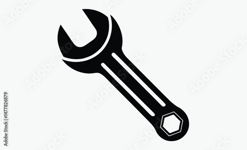 wrench silhouette vector, open end wrench, spanner tool icon, black white wrench, hardware tool graphic, repair tool shape