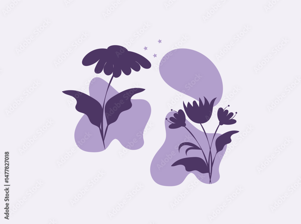 Abstract Purple Floral Illustration with Silhouettes of Flowers and Leaves on a Light Background