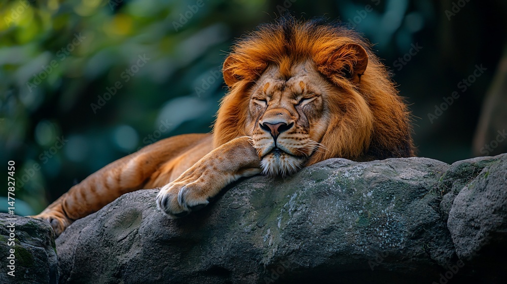 Naklejka premium Lion resting on rock. Lush foliage background