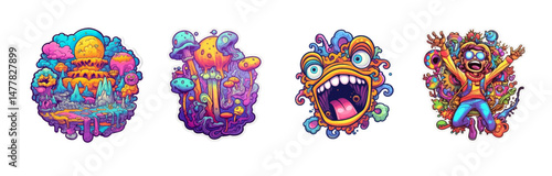 A collection of psychedelic surreal illustrations featuring colorful landscapes, trippy mushrooms, a wild-eyed monster, and a person in an ecstatic, mind-bending experience. Vector stickers set