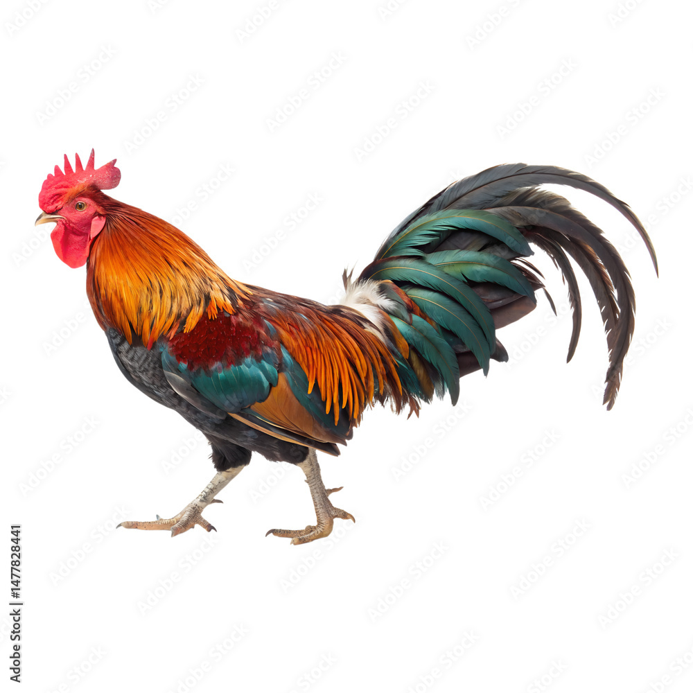 Fototapeta premium Rooster walking colorful plumage and proud stance isolated on transparent background for farm or poultry concepts
