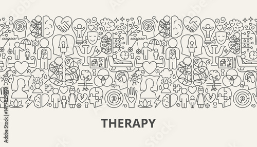 Therapy Web Banner Concept. Vector Thin Outline Mental Health Linear Symbols. Wellness and Awareness Month Design. Psychology Line Objects Background.