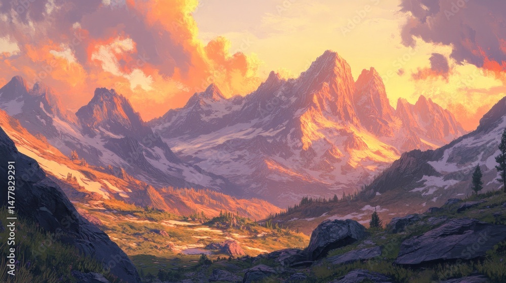 Naklejka premium Sun-kissed mountainsides at twilight, golden hour painting the rugged landscape