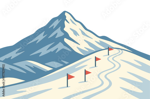 A mountain covered in snow features a ski track, with the skiing trail marked by red flags, as depicted in a vector illustration