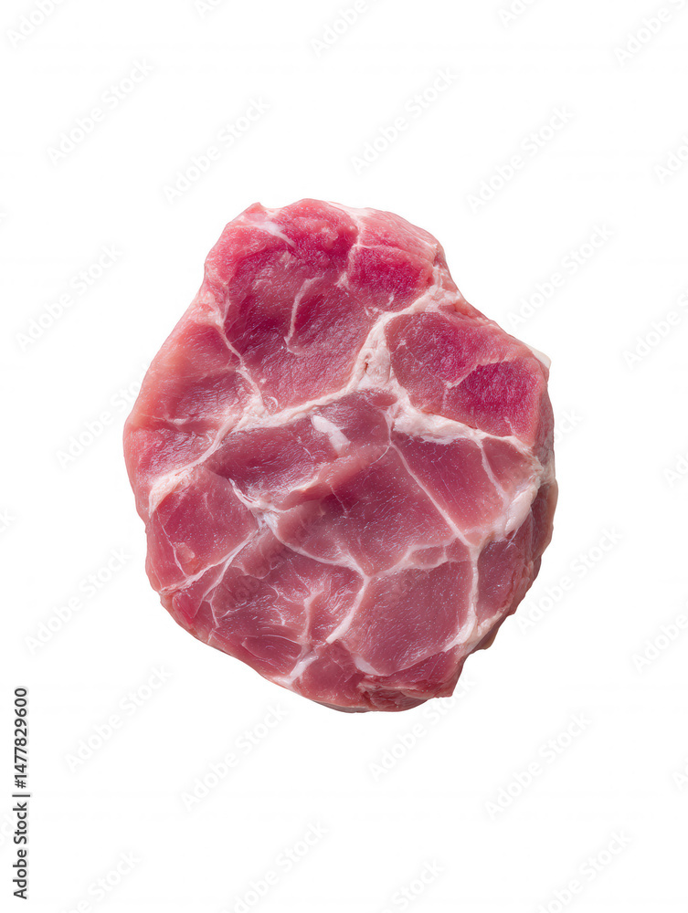 Obraz premium Raw, fresh pork shoulder steak isolated on white, ready for grilling or cooking. Culinary and food photography concept.
