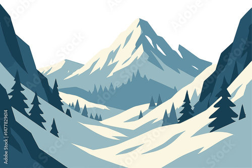 Vector illustration of a mountain landscape in winter, featuring steep slopes along the edges