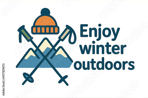 Vector cartoon winter symbol of a mountain ski pole sport hat icon isolated, representing a season motivation quote to enjoy winter outdoors