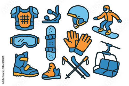 This set of vector line icons is related to snowboarding and includes items like body armor, snowboard bindings, and protective equipment, all in a simple style and editable stroke, at a 48x48 pixel